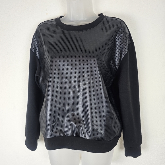 Elie Tahari Faux Leather Sweatshirt Black Size M Perforated Front Panel Pullover - Picture 3 of 9